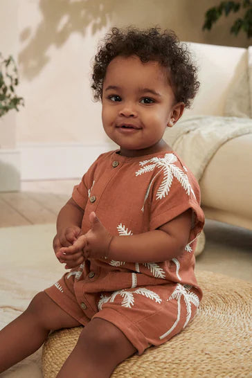 |BabyBoy| Macacão De Bebê Tecido Com Palmeira Ferrugem (0 meses a 2 anos)