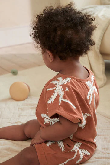 |BabyBoy| Macacão De Bebê Tecido Com Palmeira Ferrugem (0 meses a 2 anos)