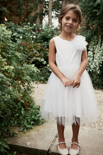 |Niña| Vestido de dama de honor con ramillete color crema (3-16 años)