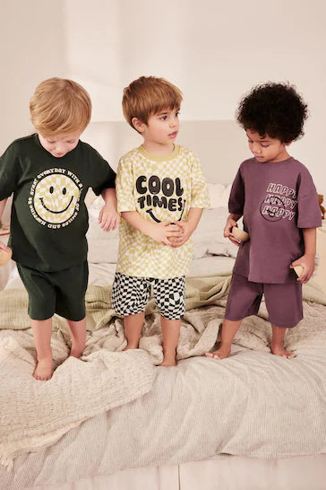 |Boy| Pacote De 3 Pijamas Curtos - Smiley Xadrez Roxo/Verde (9 meses a 12 anos)