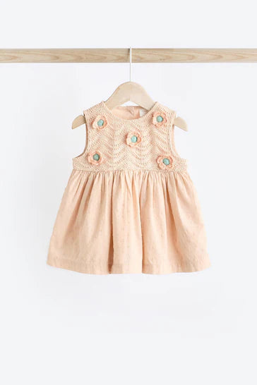 |BabyGirl| Conjunto De Vestido e Bloomer Bege Com Detalhe De Crochê Para Bebê (0 meses a 2 anos)