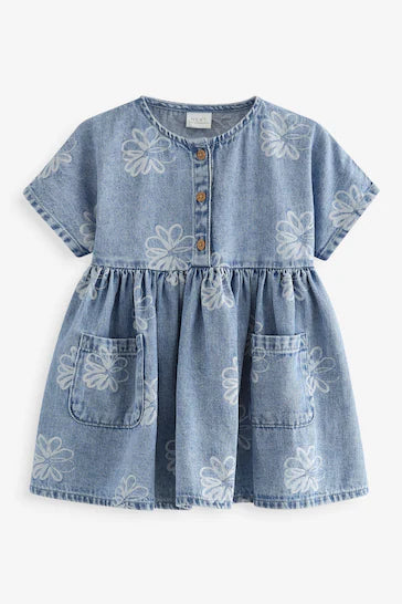 |Girl| Vestido Descontraído 100% Algodão - Blue Flower Denim (3 meses a 8 anos)