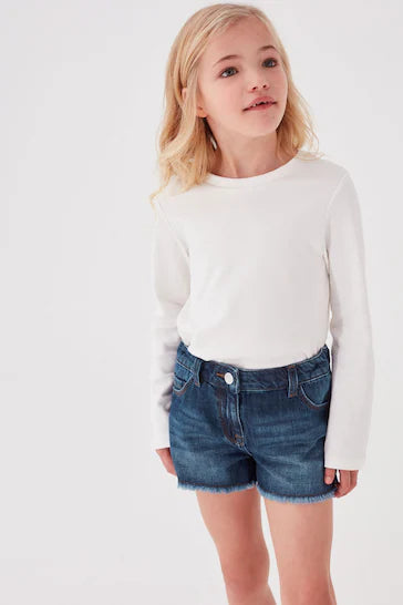 |BigGirl| Shorts Com Barra Desfiada - Mid Blue Denim (3-16 anos)