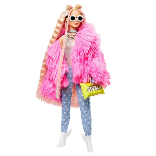 Muñeca Barbie extra con abrigo rosa esponjoso y cerdo unicornio de juguete