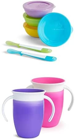 Munchkin Tigelas para bebês e crianças Love A com tampas, tigelas de alimentação para bebês de plástico brilhante e recipientes para armazenamento de alimentos, tigelas para na lava-louças, tigelas e colheres para desmame – conjunto de 4 (várias cores)