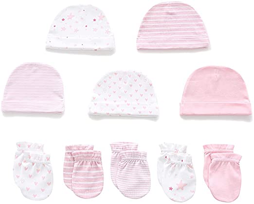 MAMIMAKA Ropa para bebé recién nacido, conjunto de guantes y calcetines de algodón, calcetines gruesos y cálidos para bebé, gorros para rascar, guantes para 0-6 meses