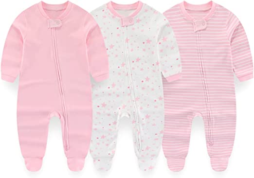 MAMIMAKA Pijamas de algodón para bebé recién nacido con juego de cremallera de 2 vías, gorros y guantes para rascar de 0 a 6 meses