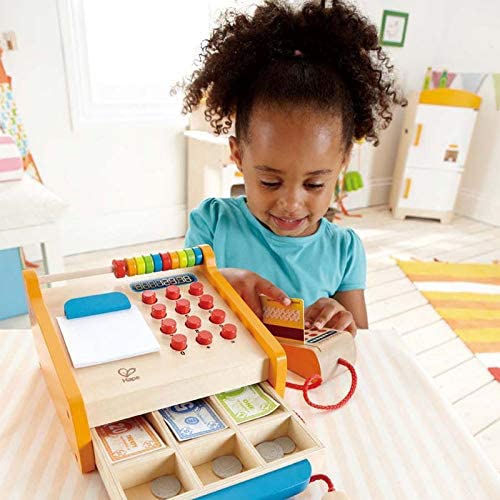 Hape - Caixa registradora de madeira - com dinheiro, leitor de código de barras e máquina de cartão
