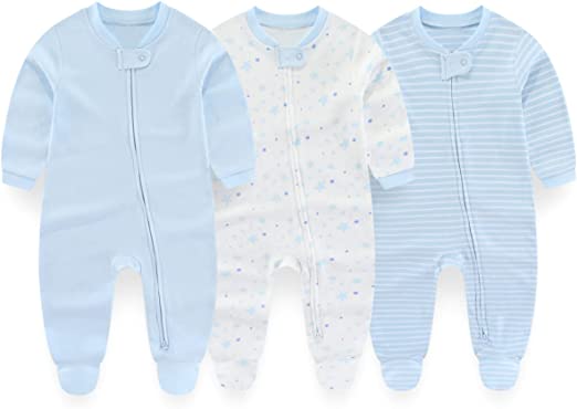 MAMIMAKA Pijamas de algodón para bebé recién nacido con juego de cremallera de 2 vías, gorros y guantes para rascar de 0 a 6 meses