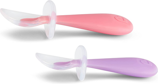 Munchkin de silicone de treinamento Colheres com protetor de estrangulamento para desmame guiado pelo bebê, 4 unidades (pacote com 1), rosa/roxo
