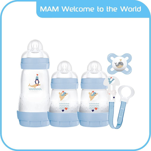 MAM - Set Biberón + 1 Chupete My Birth Nature - Kit de 5 - Azul