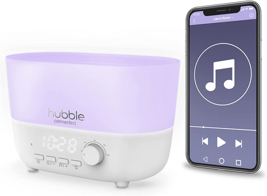 Hubble Umidificador inteligente Connected Mist 5 em 1 com difusor de aroma, alto-falante Bluetooth, luz noturna de 7 cores, umidificador de ar, relógio digital LED, até 10 horas de autonomia e aplicativo para smartphone