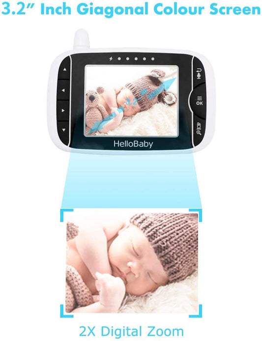 HelloBaby - Monitor para bebés con cámara remota con zoom panorámico, inclinable y de 3,2''