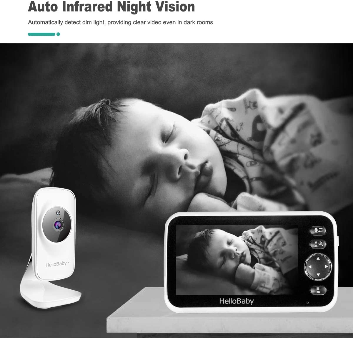 HelloBaby - Vigilabebés con cámara y audio, pantalla LCD a color de 5''