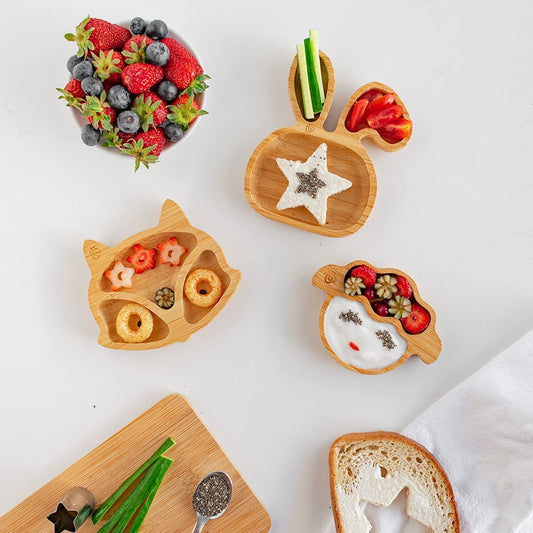 plato de bambú para bebé de bambú – Plato de bambú para bebé | No tóxico | Fresco al tacto | Ideal para Baby-Led Weaning (Trío de platos de Zorro, Conejito y Cordero)