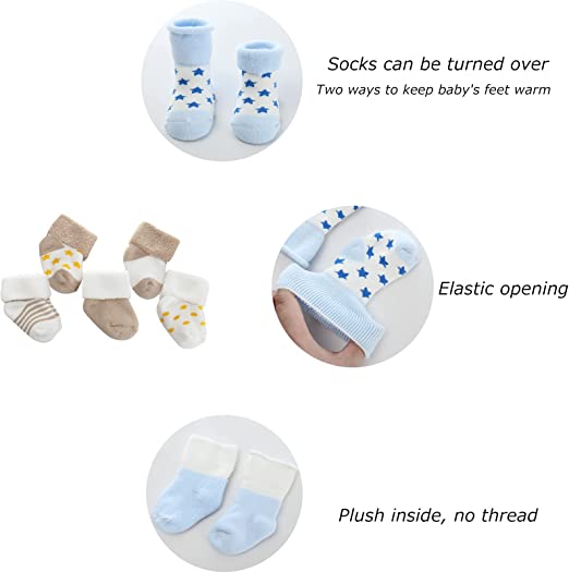 MAMIMAKA unisex bebé niño Pack 5 unidades de calcetines para y niña de 0 a 12 meses de calcetines calentitos de algodón