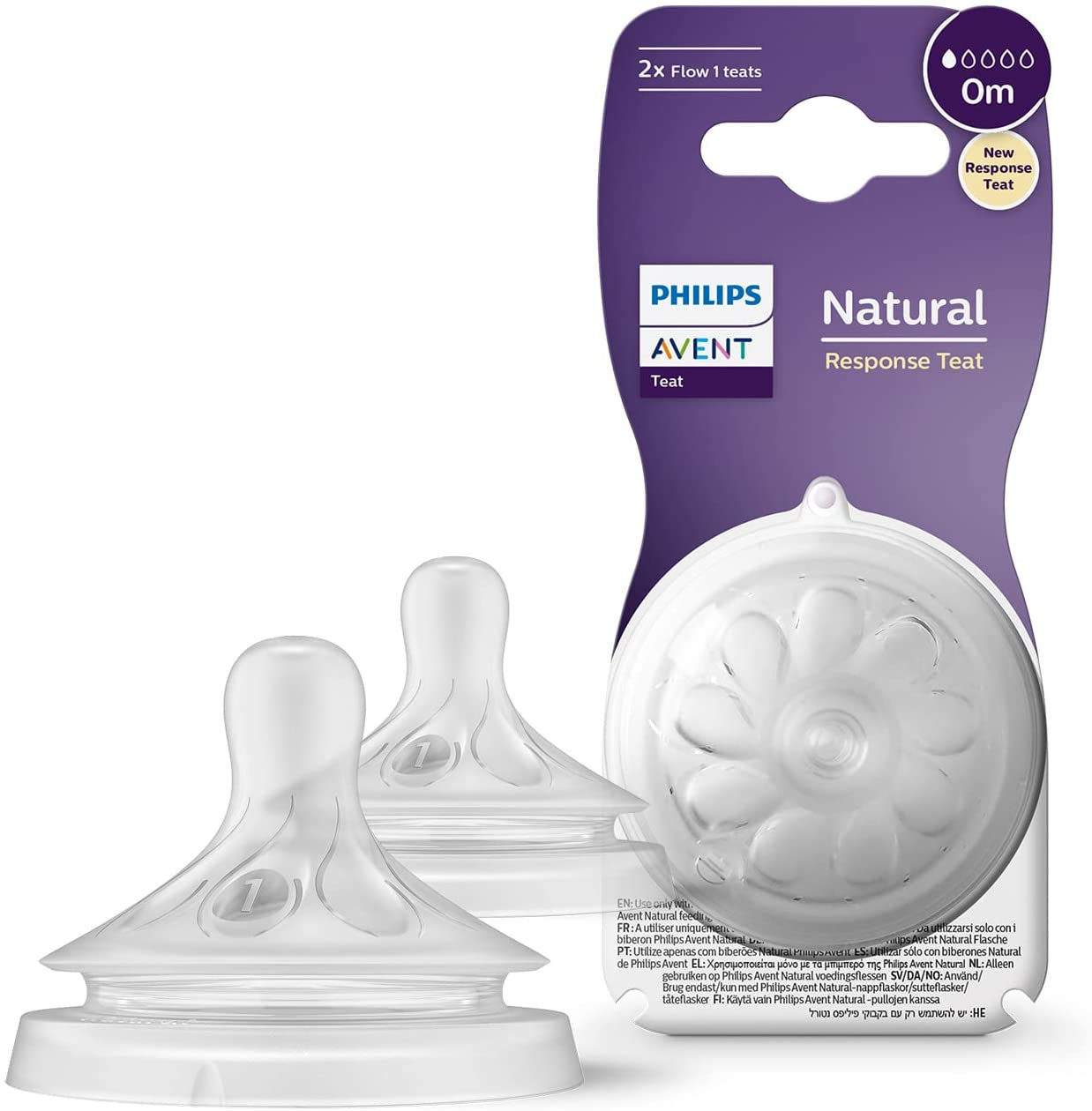 Philips Avent natural de resposta de mamadeira Tetina - 2 x mamadeira Flow 1 tetina para bebês recém-nascidos, 0 meses, livre de BPA (modelo SCY961/02)