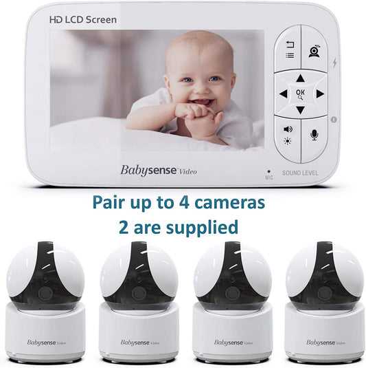 Babysense Monitor para bebés HD de 5 pulgadas, monitor para bebés con video con cámara y audio, cámaras duales