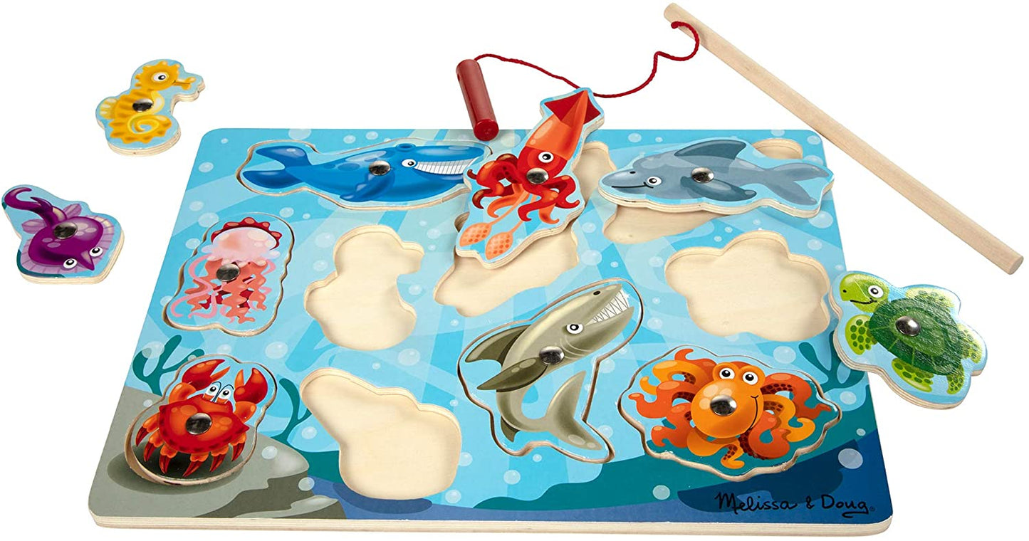 Melissa & Doug - Juego de pesca magnético de madera y rompecabezas con imanes de animales del océano de madera