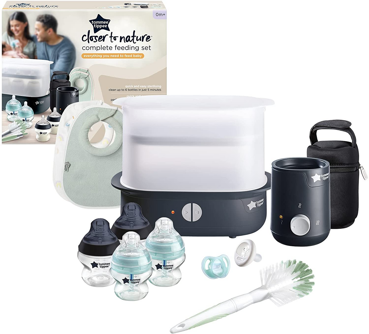 Tommee Tippee Closer to Nature Juego completo de alimentación, esterilizador de vapor eléctrico con bolsa aislante para biberones, biberones para recién nacidos y calentador de biberones Easiwarm, blanco