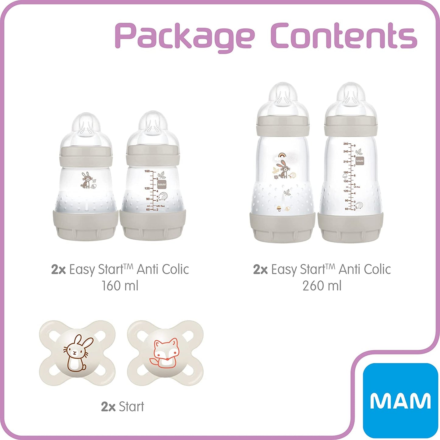 MAM Kit de Mamadeiras Anti-Cólicas - Cor Creme (desenhos podem variar)