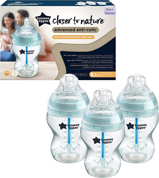 Tommee Tippee - Biberones anticólicos 260 ml Kit con 3 piezas - Transparente