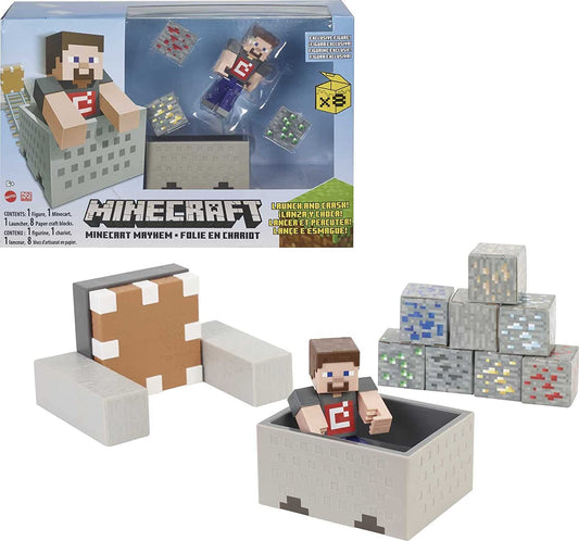 Minecraft Minecart Mayhem Playset com figura de personagem Steve, carrinho de lançamento e acessórios, jogo de criação, exploração e sobrevivência para crianças de 6 anos ou mais