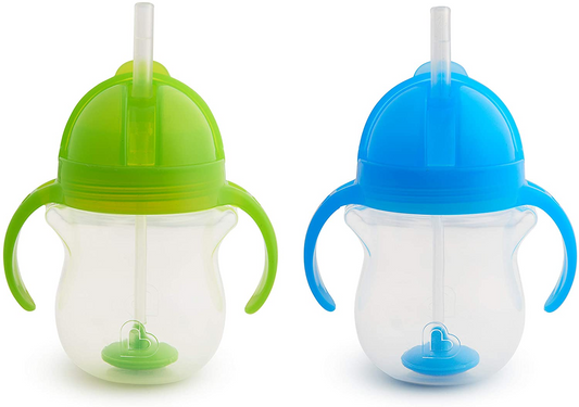 Munchkin Click Lock Tip and Sip Weighted Flexi Straw Cup, 7 onças/207 ml, azul/verde, pacote com 2 e tigelas de sucção Stay Put com ventosa, pacote com 3, azul/verde/roxo
