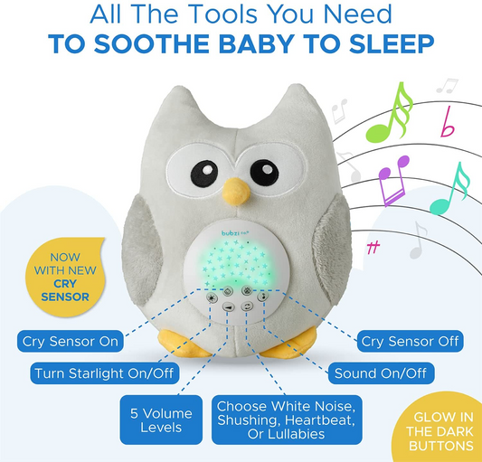 Bubzi Co Coruja de som com ruído branco Brinquedo com sensor ativado por choro , luz noturna para ajudar a dormir