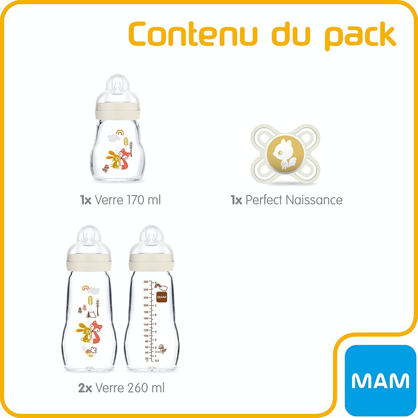 MAM Kit de Mamadeiras em Vidro ( 3x Mamadeiras + 1 chupeta ) - Desenhos podem variar