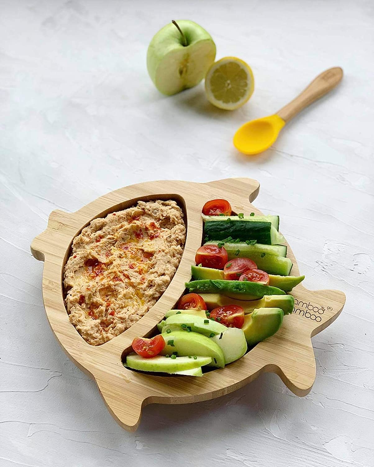 bamboo bamboo Placa de Bambu para Bebês – Crianças e Crianças com Ventosa para Bebês | Não Tóxico | Legal ao toque | Ideal para Baby-Led Weaning (Peixe, Cereja)