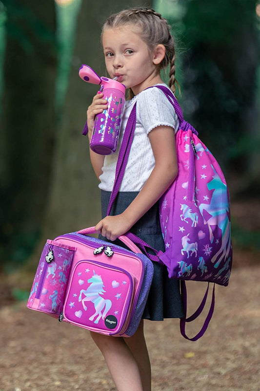 Fringoo - Bolsa de almuerzo cuadrada para niños de gran capacidad | Fiambrera pequeña con bolsa térmica para niños | Perfecta como lonchera escolar para niñas - Unicornio Ombre