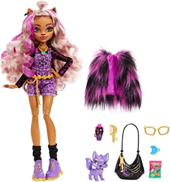 Muñeca Monster High, Clawdeen Wolf con accesorios y perro mascota, muñeca de moda posable con cabello morado resaltado, HHK52