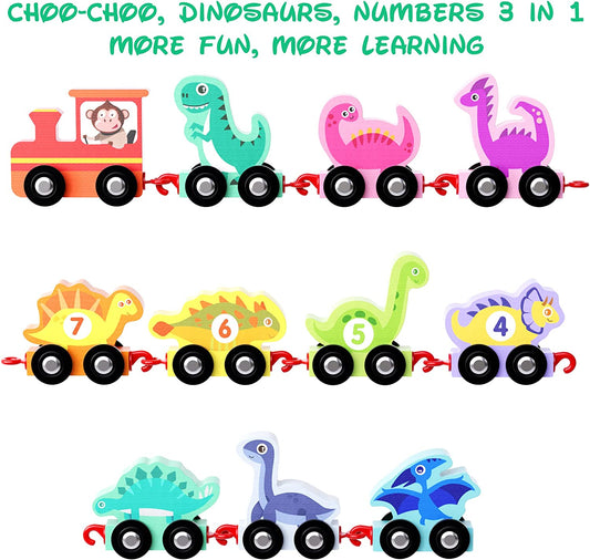 HELLOWOOD - Juguete Educativo Tren de Dinosaurios de Madera - 0-10 Números - 2+