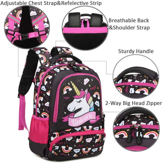 Melsohua - Conjunto de Mochila com Lancheira e Estojo - Unicórnio - Preto/Rosa