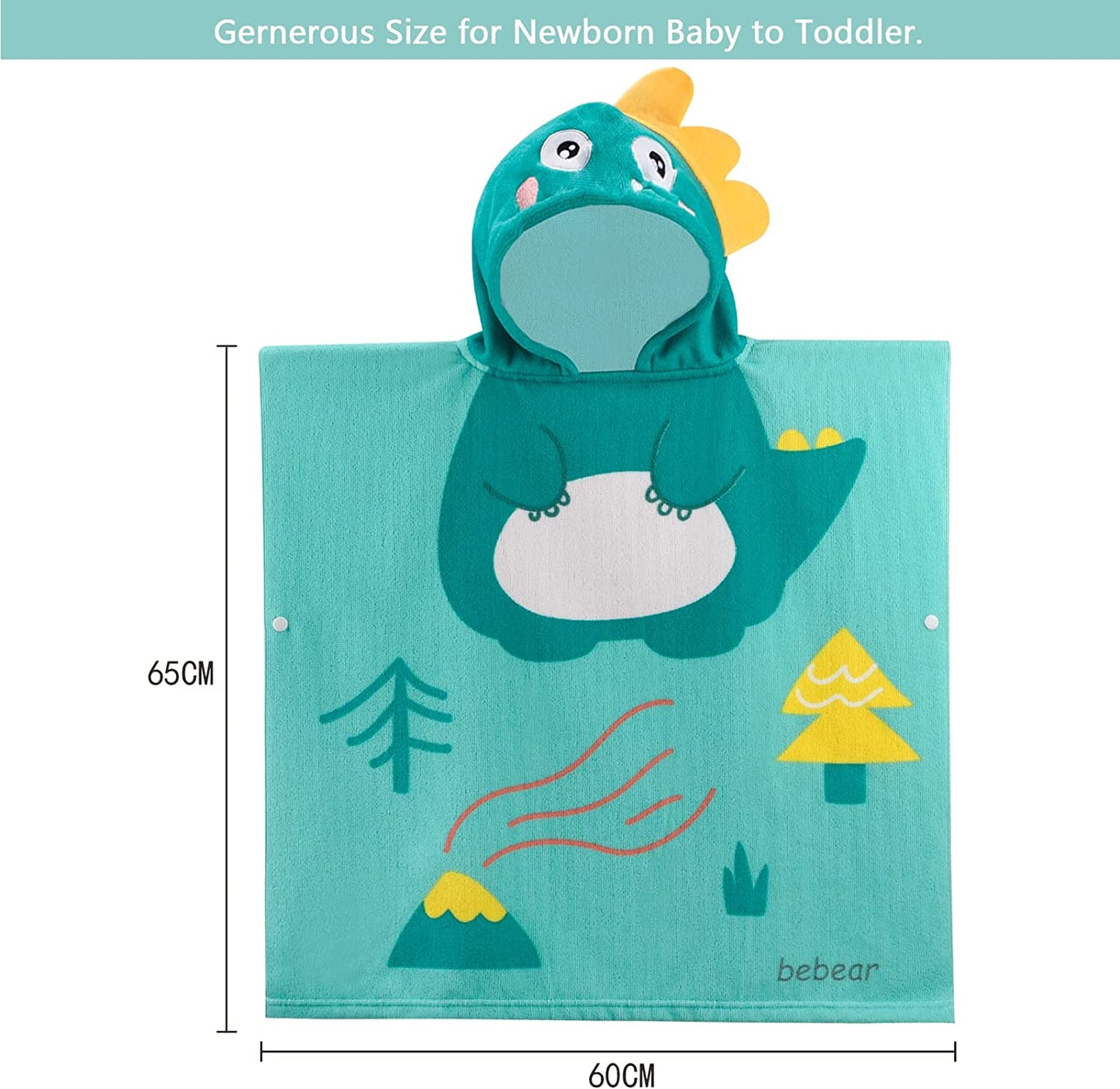 Bebamour - Toalhas com Capuz 100% Algodão 60x65 - 0-6 anos - Dino