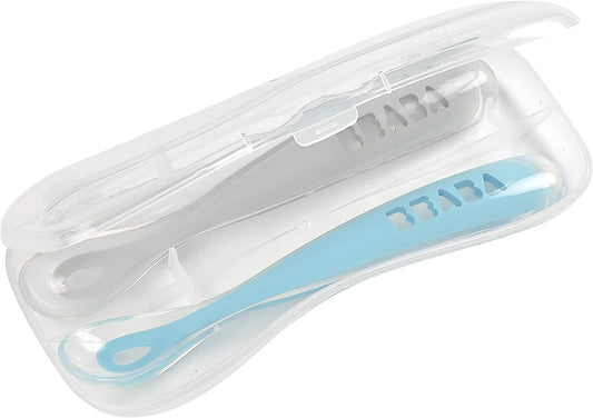 Beaba Juego de 2 cucharas de silicona de primera etapa con estuche de transporte, azul