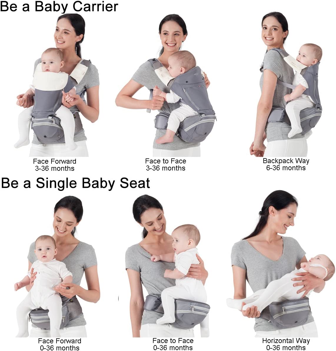 Bebamour Mochila Canguru de Transporte de Bebê - 3 babadores - Dobrável - Black