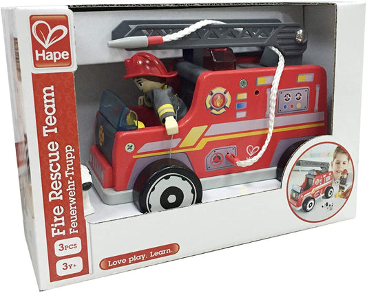 Hape Camión de bomberos de madera con bombero y perro.