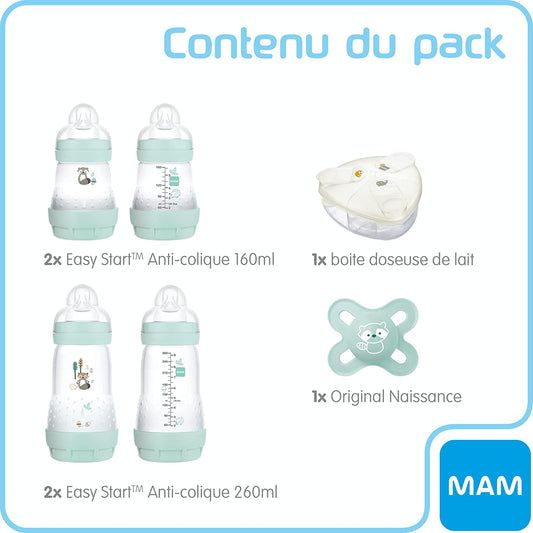 MAM - Set Biberones My Birth Nature + 1 Chupete + 1 Cajita Dispensadora - Kit de 6 - Verde