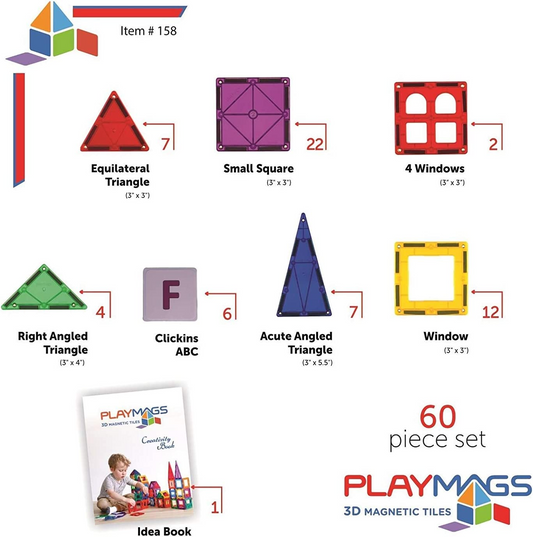 Playmags Conjunto de ladrilhos magnéticos para crianças - 60 peças de blocos de construção magnéticos com encaixes ABC - STEM Development Magnet Building Block Toys para meninos, meninas e crianças pequenas