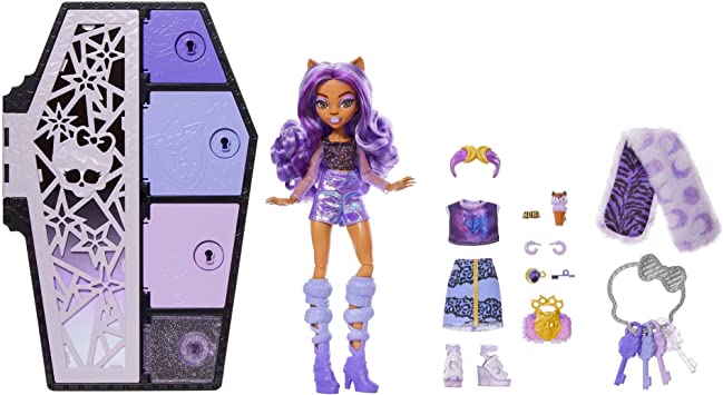 Monster High Boneca de Modae Conjunto , Clawdeen Wolf, Skulltimate Secrets: Fearidescent Series, Dress-Up Locker com 19+ Acessórios, HNF74