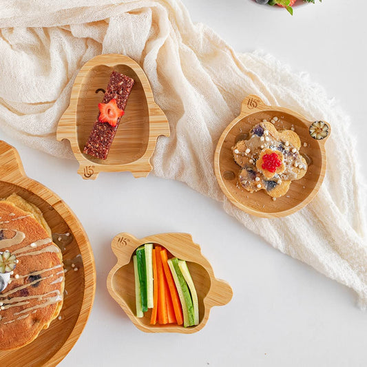 plato de bambú para bebé de bambú – Plato de bambú para bebé | No tóxico | Fresco al tacto | Ideal para Baby-Led Weaning (Trío de platos Mono, Pingüino y Panda)