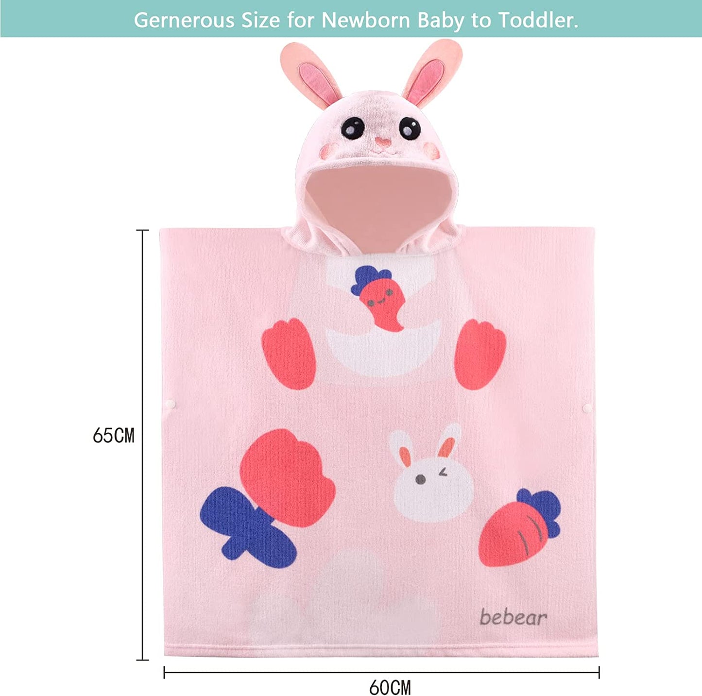 Bebamour - Toalhas com Capuz 100% Algodão 70x75 - 3-10 anos - Coelho Rosa