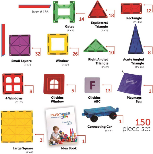 Playmags Conjunto de ladrilhos de construção magnéticos de 150 peças para crianças - Ímãs coloridos mais fortes - Blocos de construção magnéticos 3D - Brinquedos de construção criativa STEM - Ladrilhos magnéticos para crianças