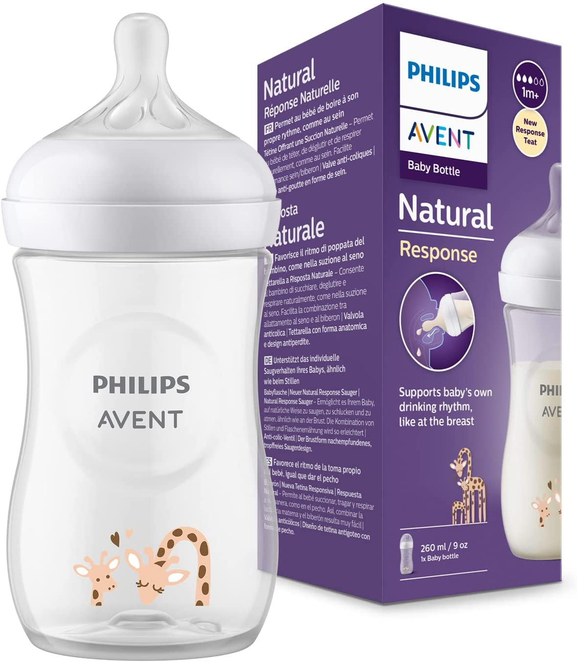 Philips Avent Biberón Natural Response - Biberón de leche de 260 ml, sin BPA para bebés de 1 mes en adelante, patrón de jirafa (modelo SCY903/66)
