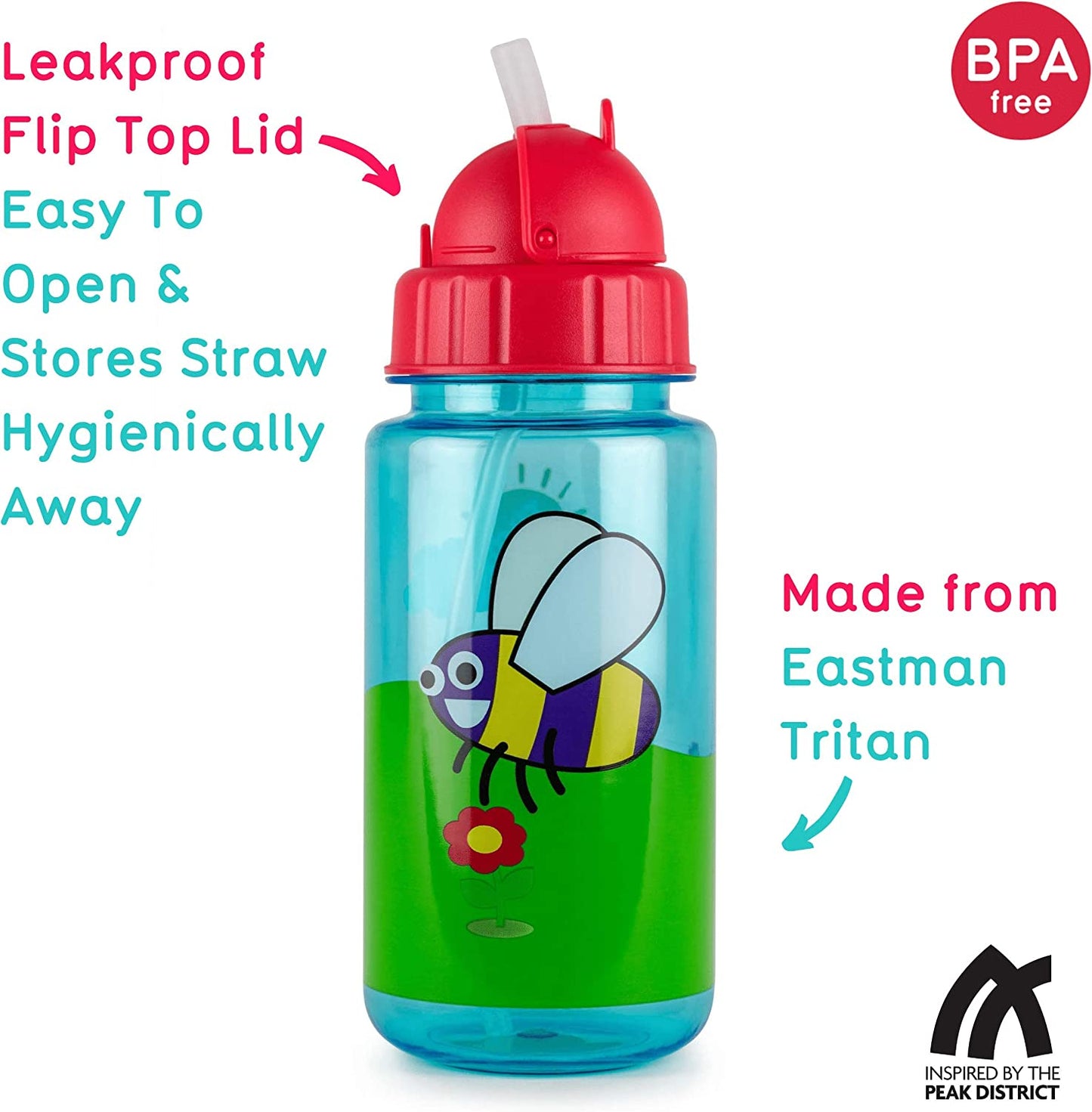 TUM TUM - Botella de agua infantil con tapa abatible y pajita Bugs