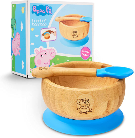 Peppa Pig Cuenco con Ventosa para Bebé - Set de Cuenco y Cuchara para Bebé de Bambú con Ventosa de Silicona Extraíble para Niños | 350ml | No tóxico | Fresco al tacto | Ideal para el destete dirigido por el bebé (George Pig)