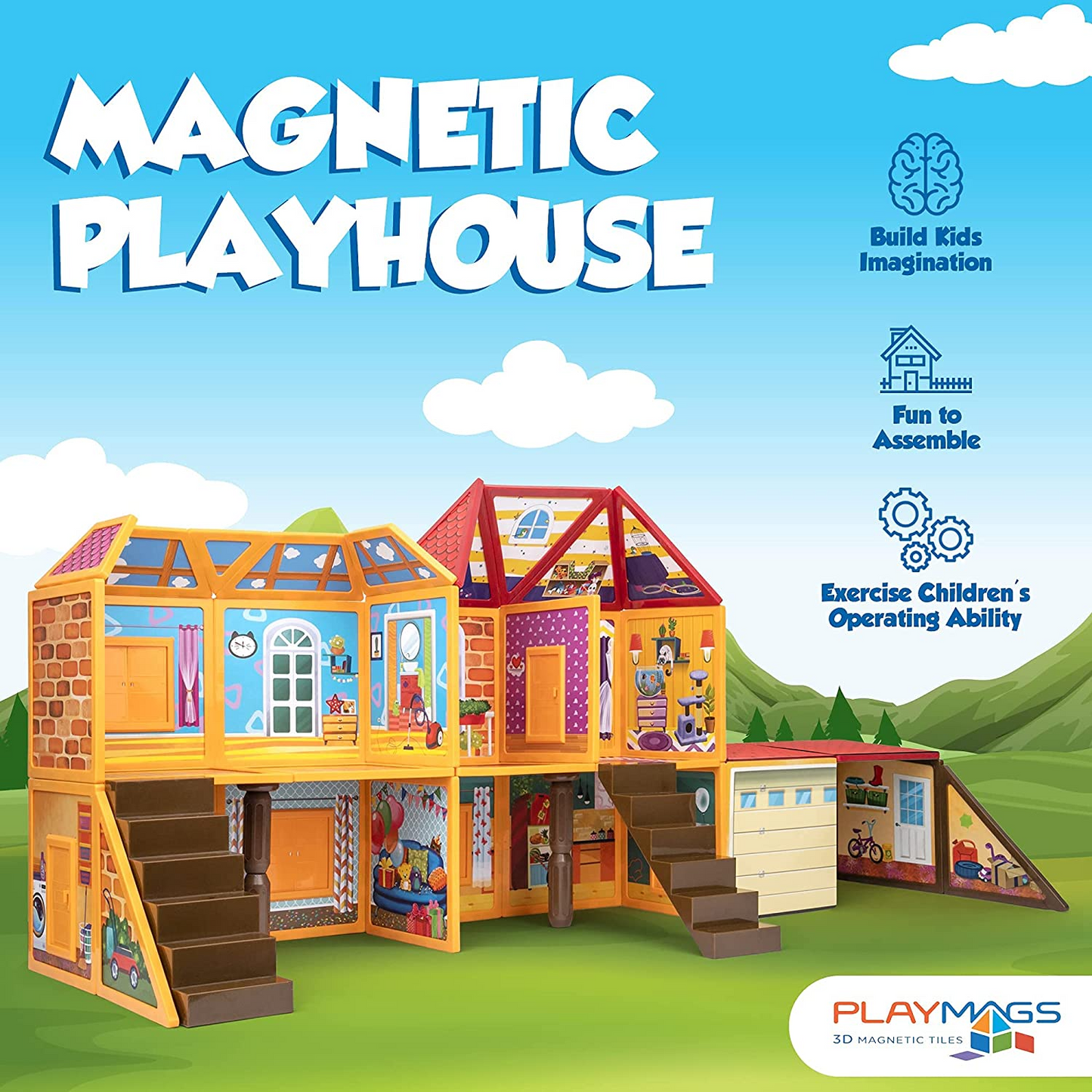 Playmags Juego de azulejos magnéticos para niños – 60 piezas de bloques de construcción magnéticos con broches ABC – Juguetes de bloques de construcción magnéticos de desarrollo STEM para niños, niñas y niños pequeños