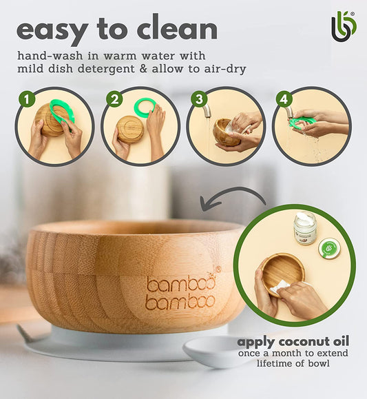 de bambú con ventosa, juego de cuchara y cuenco de bambú para bebé con ventosa de silicona extraíble para niños | 350ml | No tóxico | Fresco al tacto | Ideal para el destete dirigido por el bebé